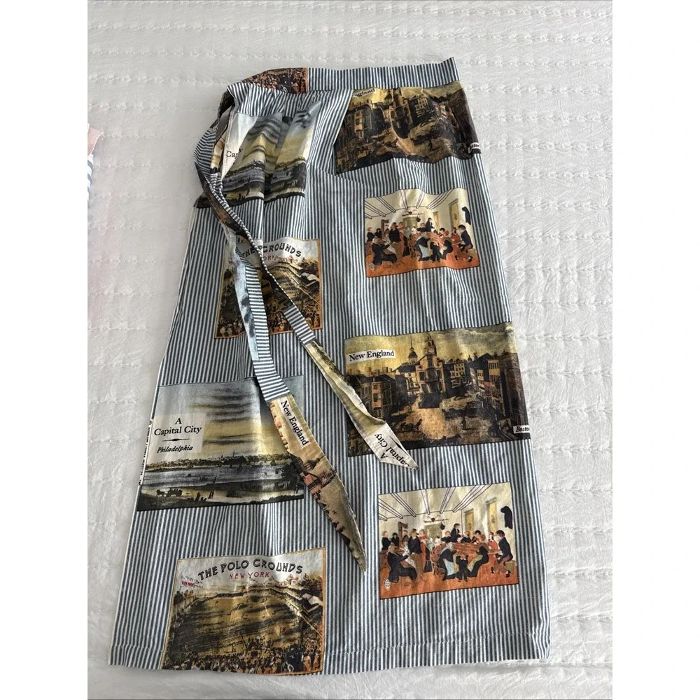 Women's Handmade Waist Apron Vintage City Ticking Print Long